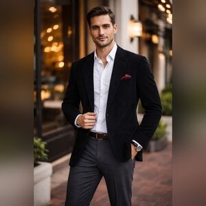 Moores Wilke-Rodriguez Black Corduroy Blazer – Men’s 42R – Burgundy Lining